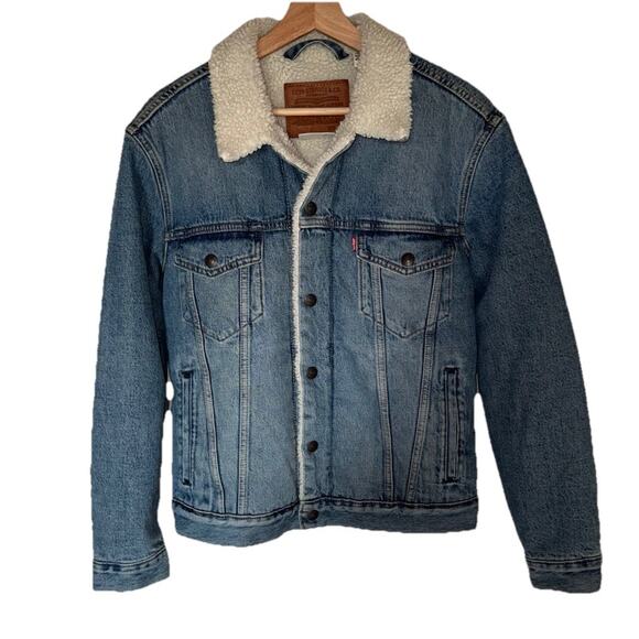 Levis Fleece Lined Jean Jacket Womens S Small Trucker Faded Blue Denim - Picture 1 of 9